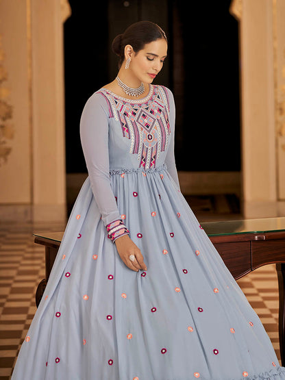 Myra Light Blue Georgette Embroidered Gown