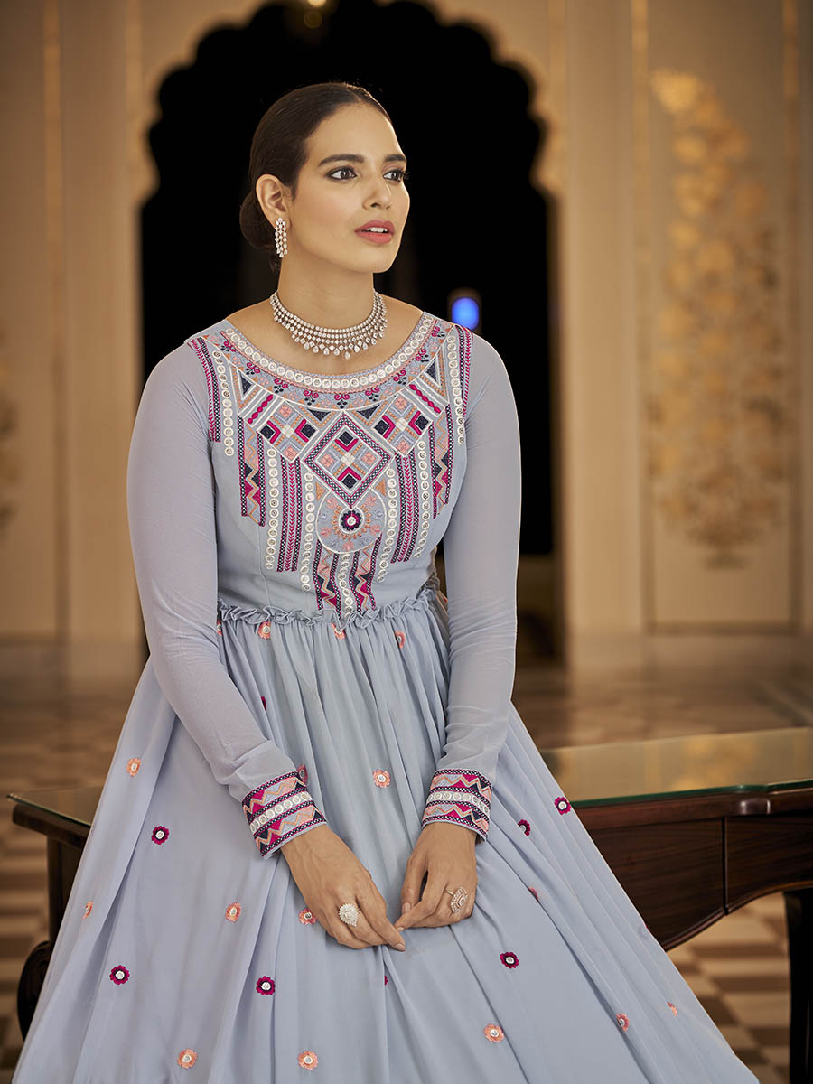 Myra Light Blue Georgette Embroidered Gown