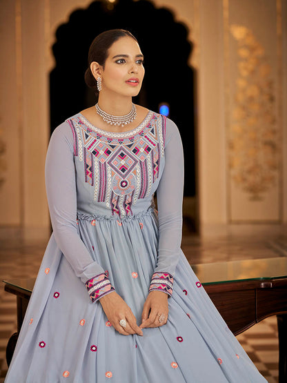 Myra Light Blue Georgette Embroidered Gown