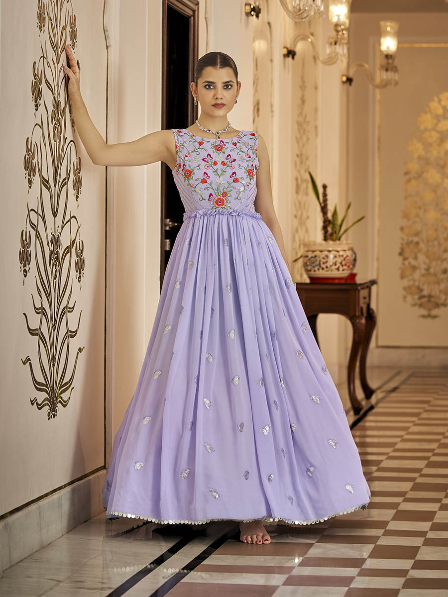 Myra Lavender Georgette Embroidered Gown