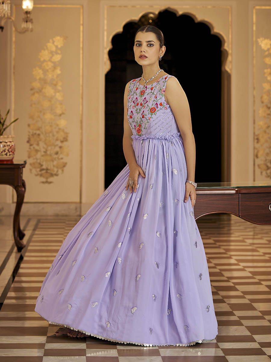 Myra Lavender Georgette Embroidered Gown