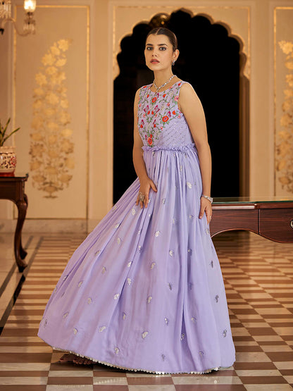 Myra Lavender Georgette Embroidered Gown