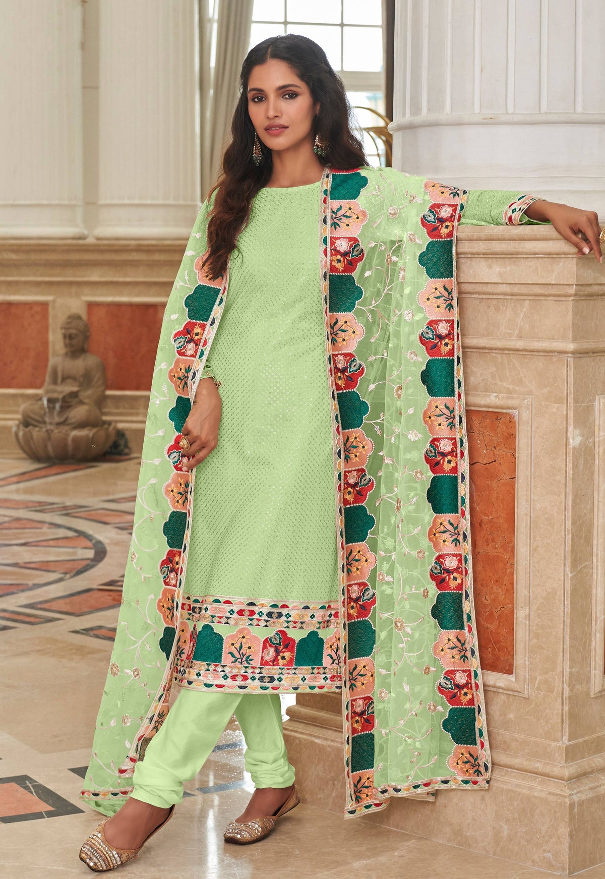 Monjolika Fashion Light Green Embroidered Georgette Churidar Salwar Suit