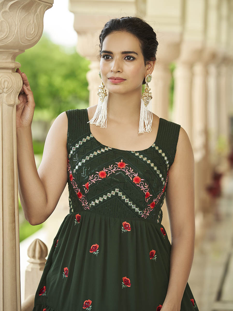 Myra Olive Green Georgette Embroidered Gown