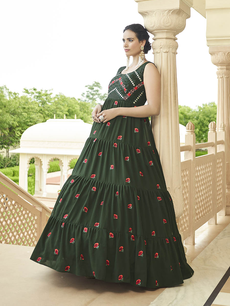 Myra Olive Green Georgette Embroidered Gown