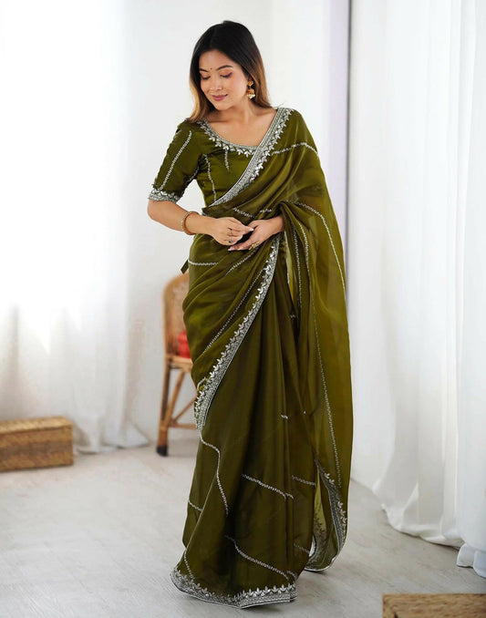 Joban Fashion Tissue Silk Olive Green Color Embroidery Saree