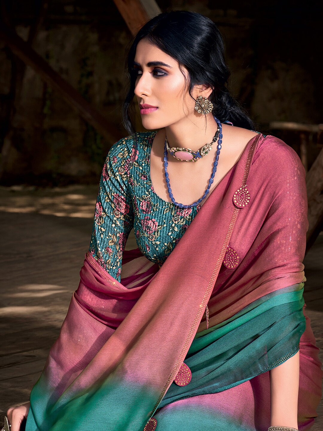Saree Mall Mauve & Turquoise Blue Ombre Embellished Sarees