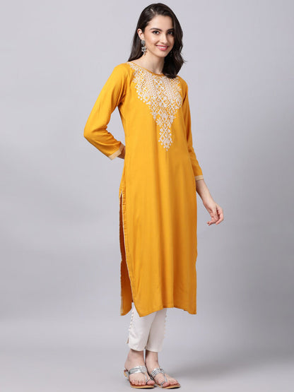 Souchii Women Tan & White Geometric Yoke Design Thread Work Grandeur & Majestic Artwork Kurta