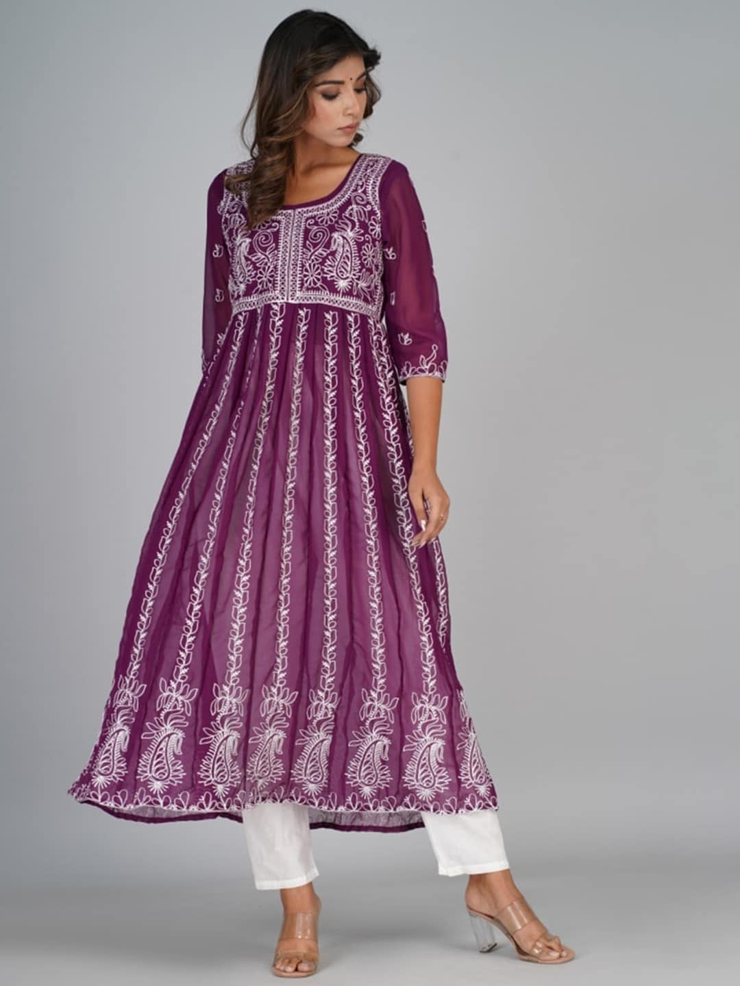 HERE&NOW Purple & White Floral Embroidered Paneled Georgette Anarkali Kurta