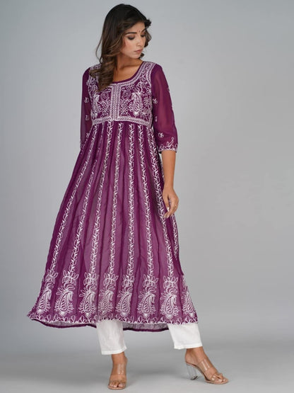 HERE&NOW Purple & White Floral Embroidered Paneled Georgette Anarkali Kurta