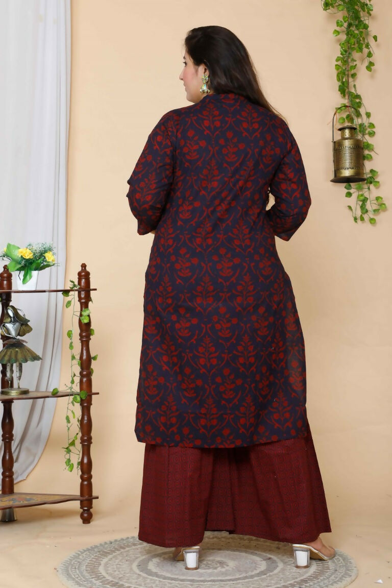 Miravan Women's Plus Size Maroon Floral Pure Cotton Kurta With Sharara