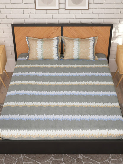 Story@home Grey & Peach-Coloured Striped 180 TC Queen Bedsheet With 2 Pillow Covers