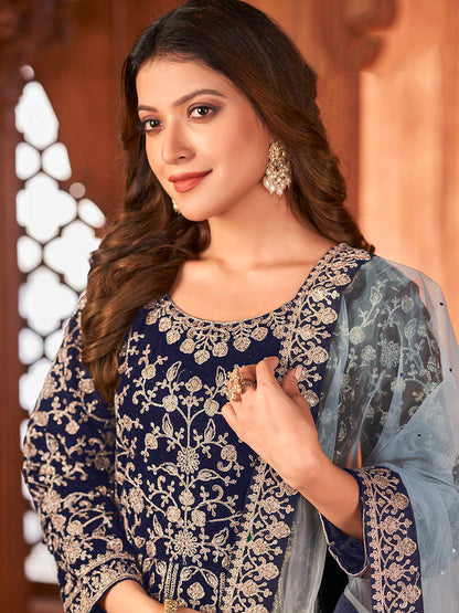 Myra Navy Blue Velvet Embroidered Anarkali Suit