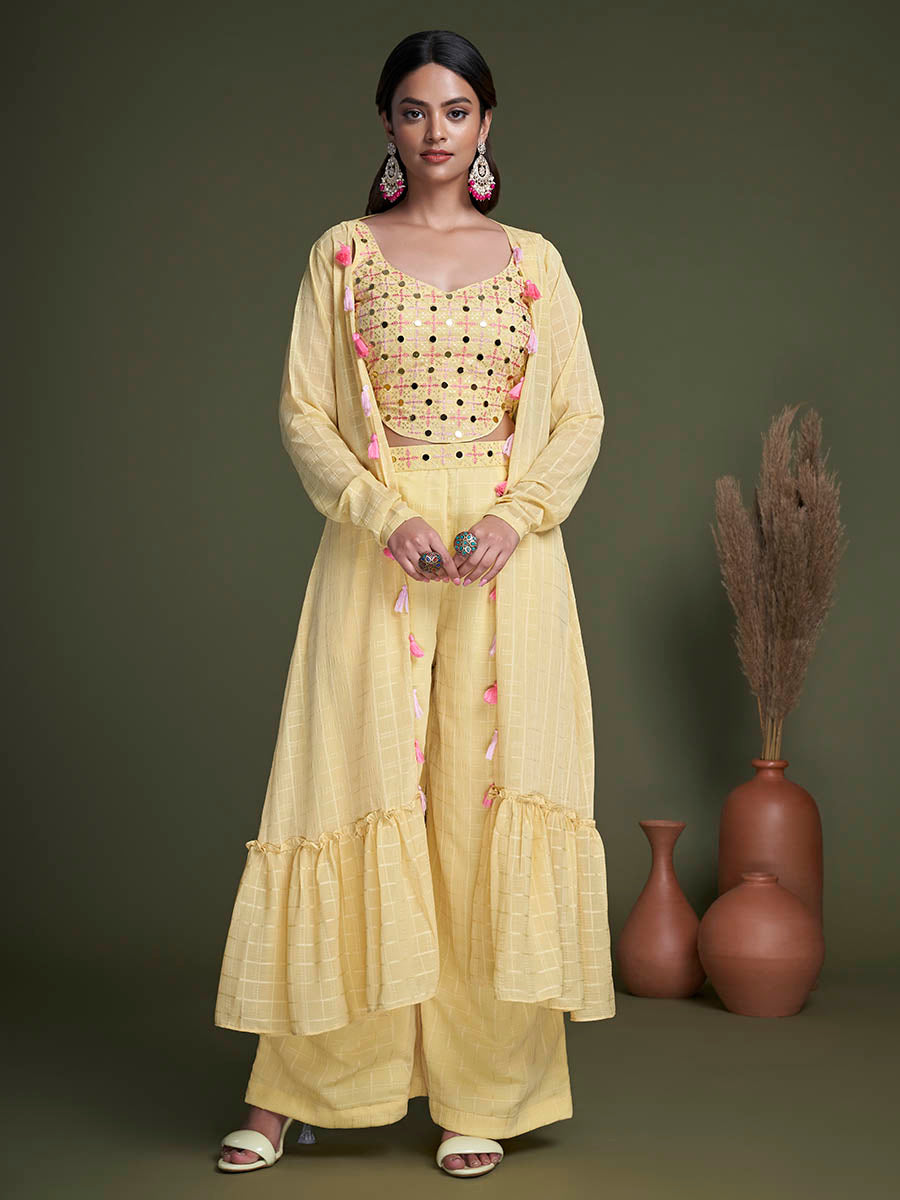 Myra Yellow Koti Style Silk and Georgette Embroidered Palazo Suit