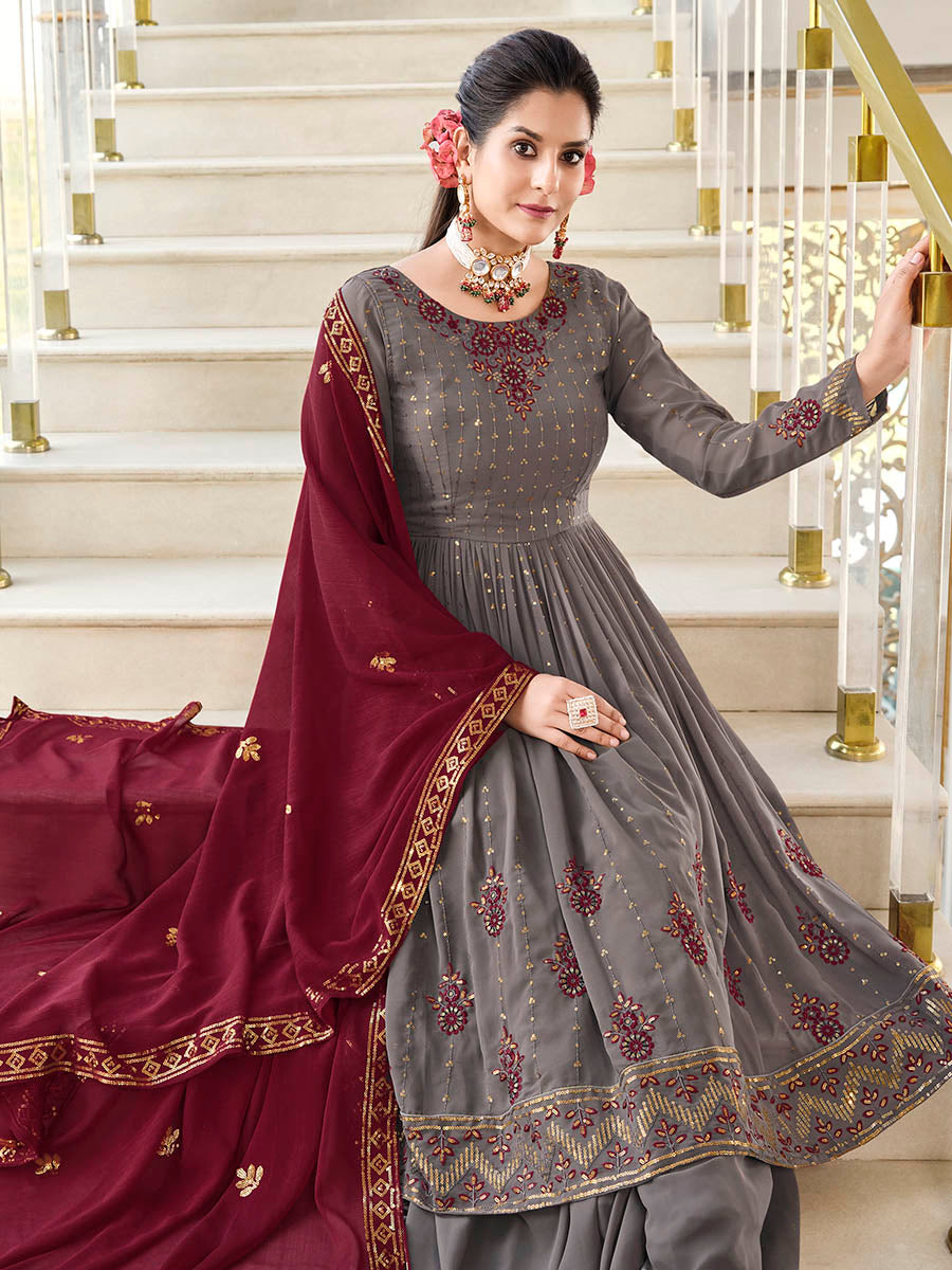 Myra Grey and Wine Real Georgette Gharara Suit