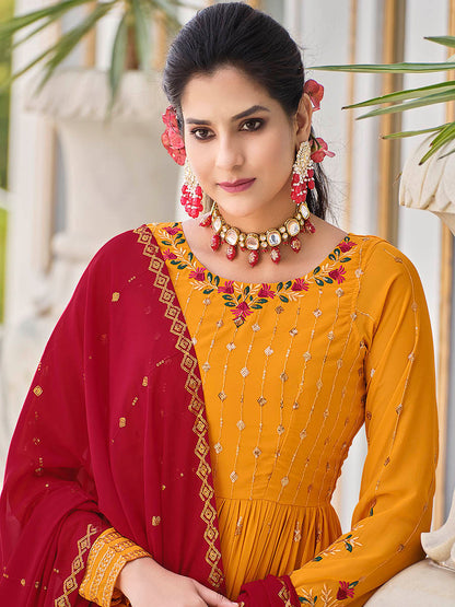 Myra Mustard Yellow and Red Real Georgette Gharara Suit