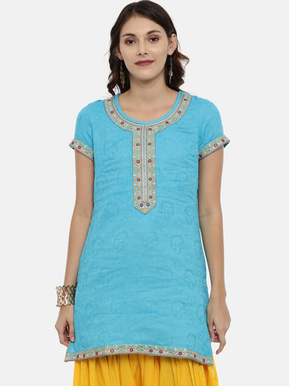 Souchii Blue Yoke Design Jacquard Straight Kurta