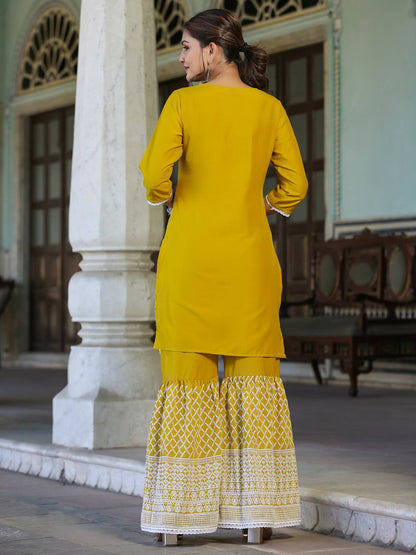 Juniper Women's Mustard Chinnon Embroidered Kurta Garara Set