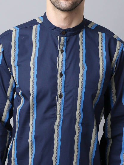 Even Apparels Navy Pure Cotton Men's Kurta With Band Collar (STR1169)