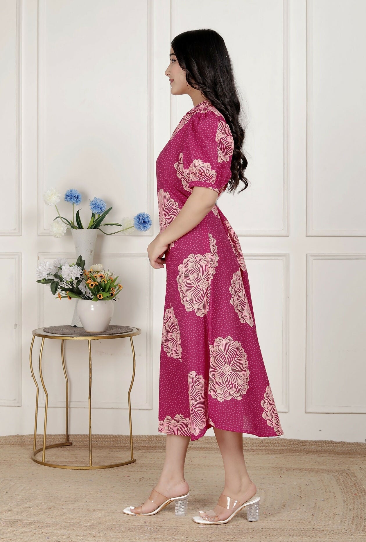 Miravan Womens Pink Printed Collar Neck Short Puff Sleeves Cotton A-Line Maxi Dress