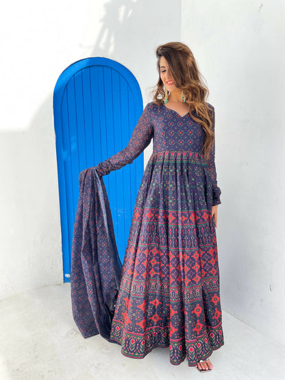 Partywear Designer Blue Chanderi Suit - Anbazaar