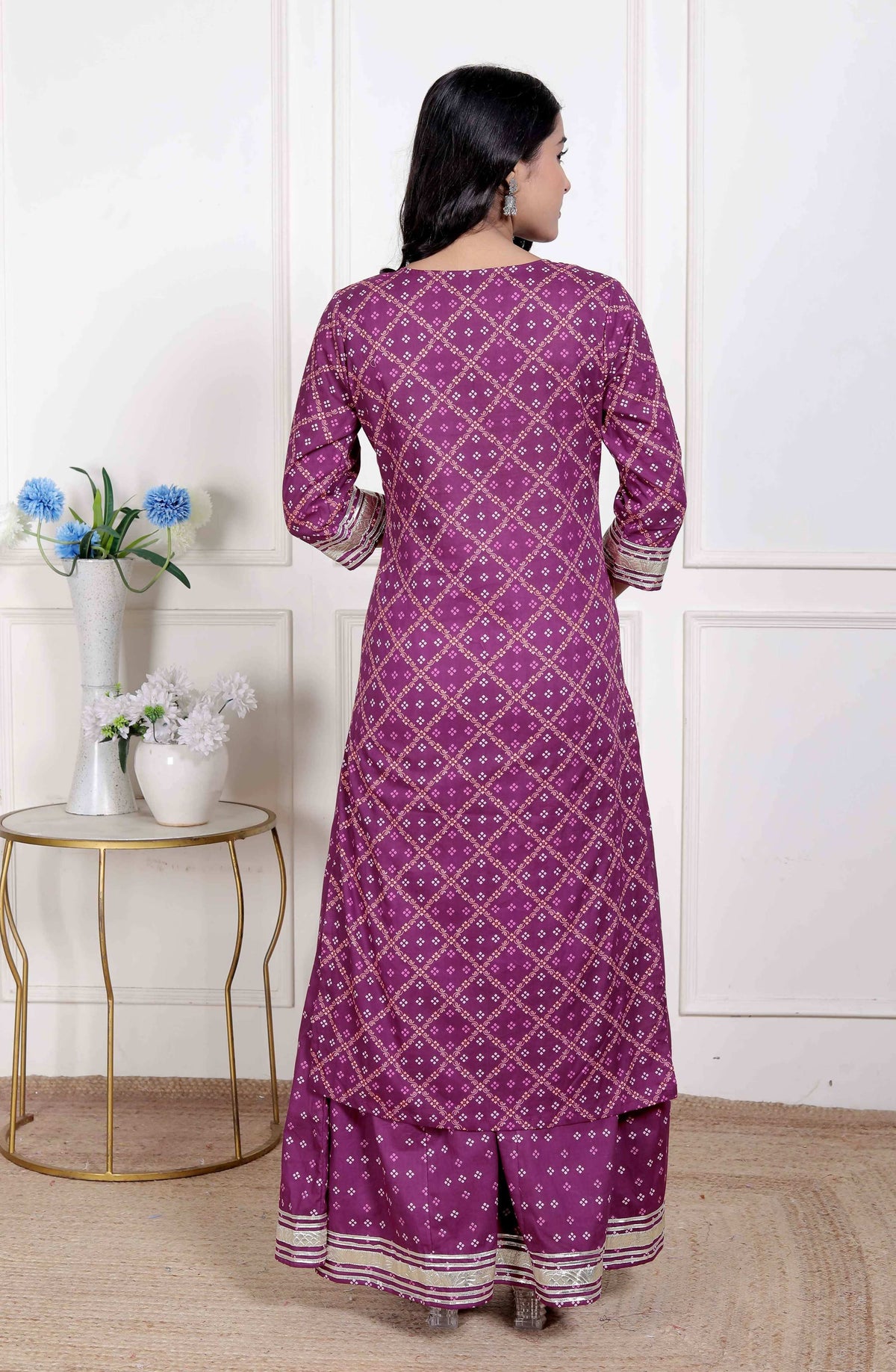 Miravan Women Cotton Magenta gota work Kurta with Flared Palazzo