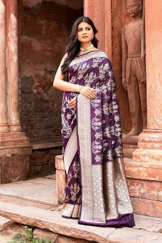 Joban Fashion Purple Pure Katan Pure Handloom Banarasi Silk Saree