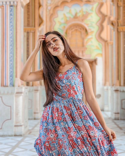 Designer Partywear Printed Blue Pure Maslin Gown - Anbazaar