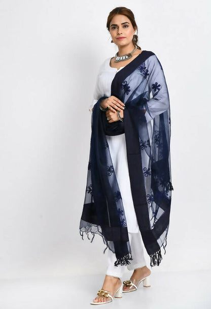 Mominos Fashion Moeza Women's Orgenza All Over Chikan Work Navy Blue Dupatta
