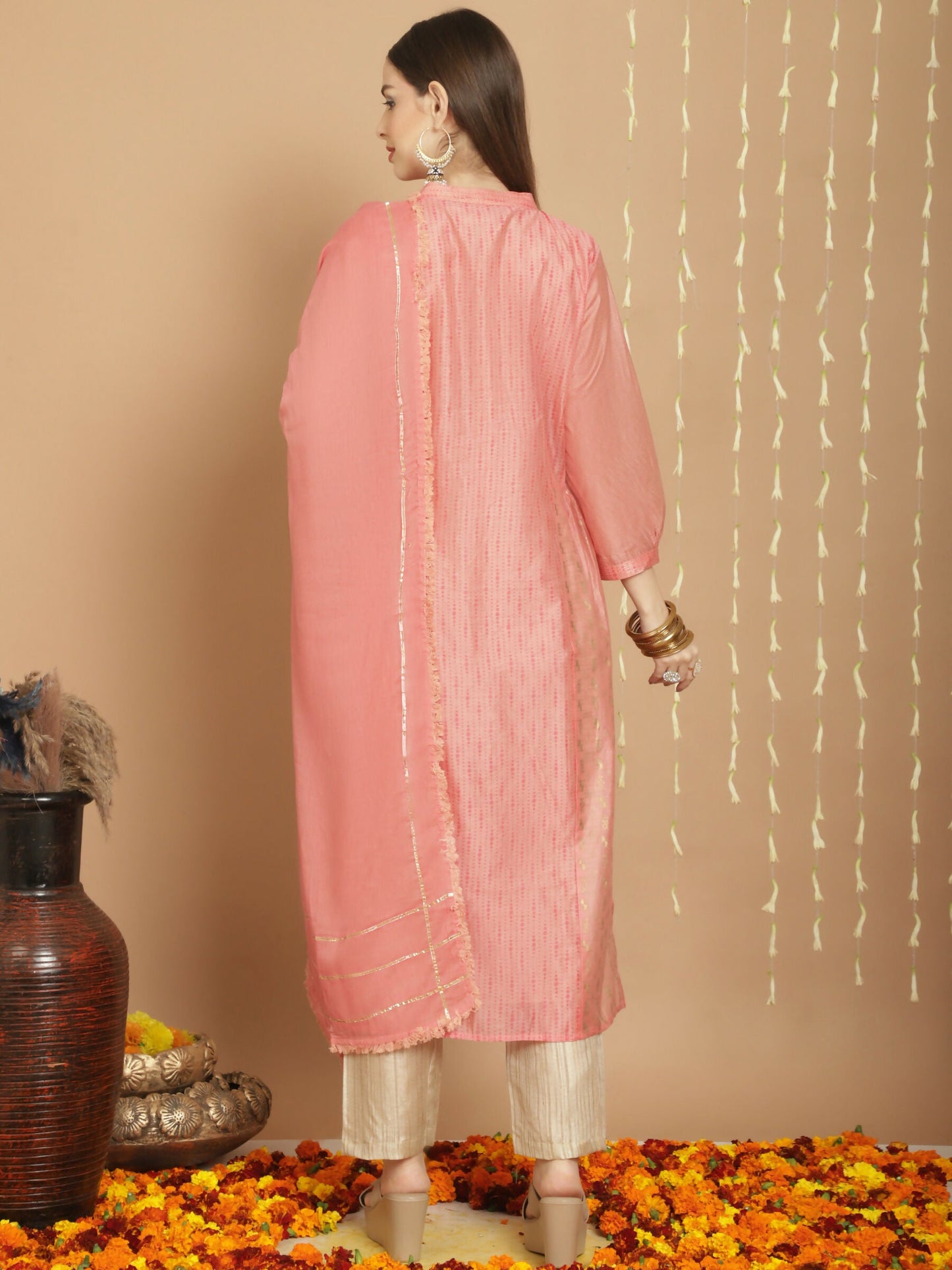 Jyoti Fashion Women's Peach Chanderi Silk Elegant Jardoshi Semi Kurta with Trouser & Dupatta