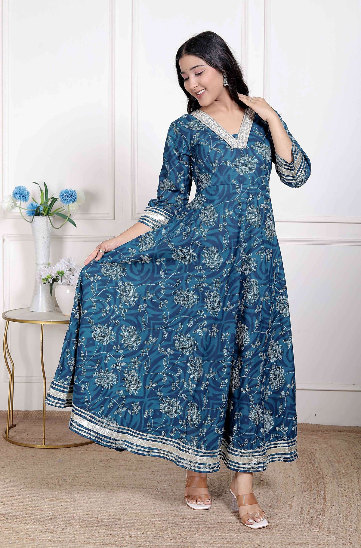 Miravan Women's Blue Cotton Embroidered Neck Anarkali Kurta