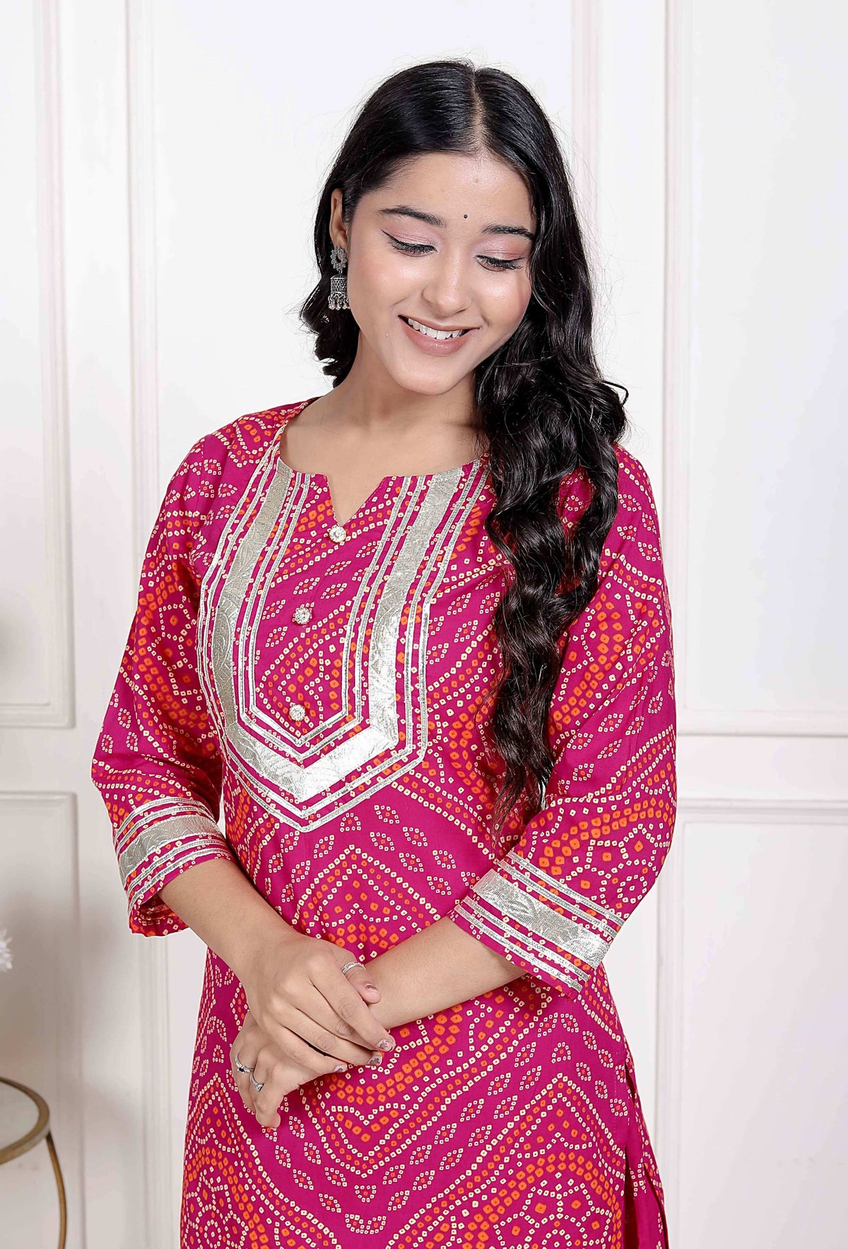 Miravan Women's Pink Bandhani Printed Straight Kurta with Palazzo & Dupatta