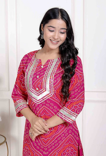 Miravan Women's Pink Bandhani Printed Straight Kurta with Palazzo & Dupatta