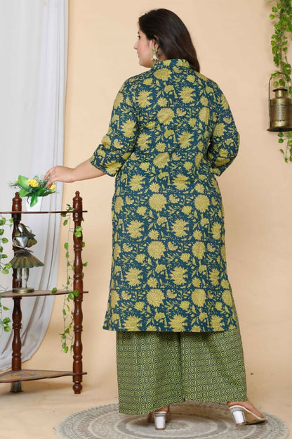 Miravan Women's Plus Size Green Floral Pure Cotton Kurta With Sharara
