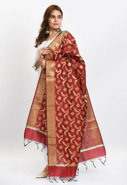 Mominos Fashion Moeza Women's Banarsi Silk Floral Woven Design Maroon Dupatta
