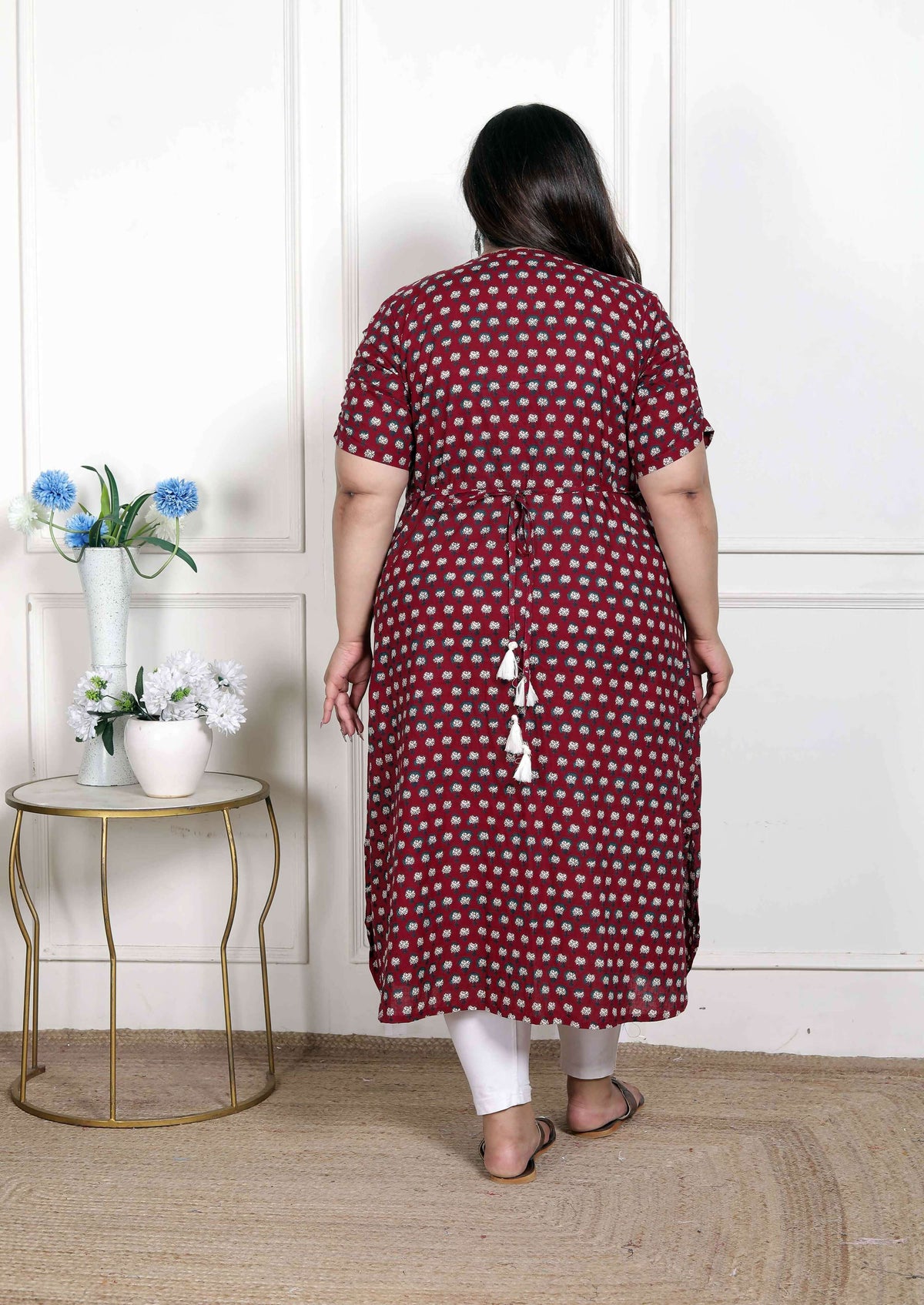 Miravan Women's Plus Size Relaxed Fit Red Floral Printed A-Line Pure Cotton Kurta