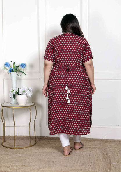 Miravan Women's Plus Size Relaxed Fit Red Floral Printed A-Line Pure Cotton Kurta