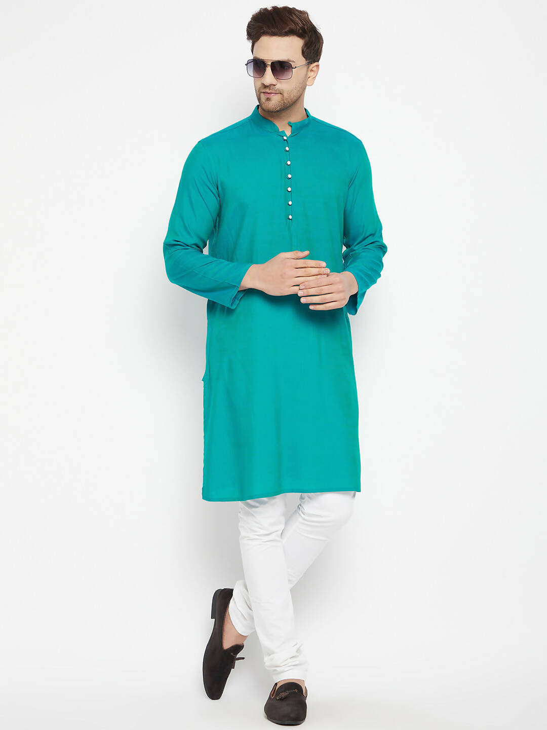 Even Apparels Green Viscose Long Men's Kurta With Band Collar