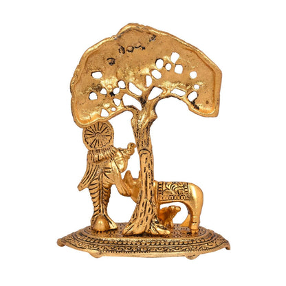 Collectible India Gift Items Metal Krishna Idol Murti With Kamdhenu Cow