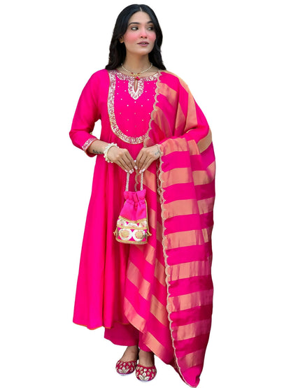 The52 Rani Women's Gorgeous Embroidered Work Chanderi Fabric Flared Kurta Pant and Dupatta Set