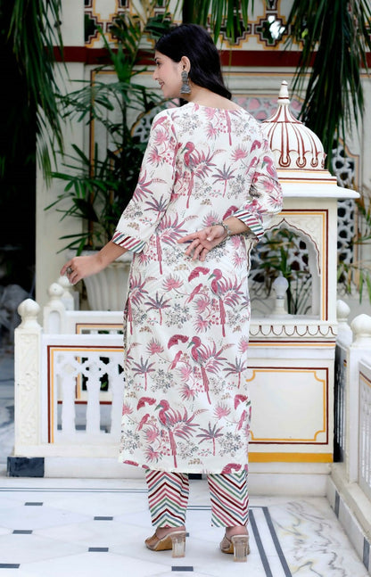 Miravan Women's Cotton Light Pink Floral Printed Straight Pakistani Style Kurta And Palazzo