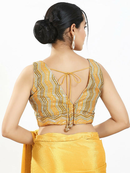 Joban Fashion Yellow Multi Silk Padded Blouse With V Neck Sleeveless