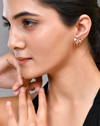 VOJ Gold-Polished Crystal Studded Stud Earrings