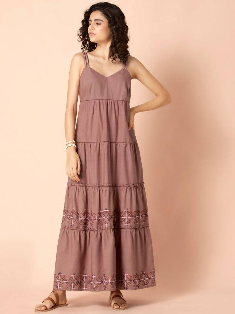 Indya Rose Pink Embroidered Tiered Maxi Dress