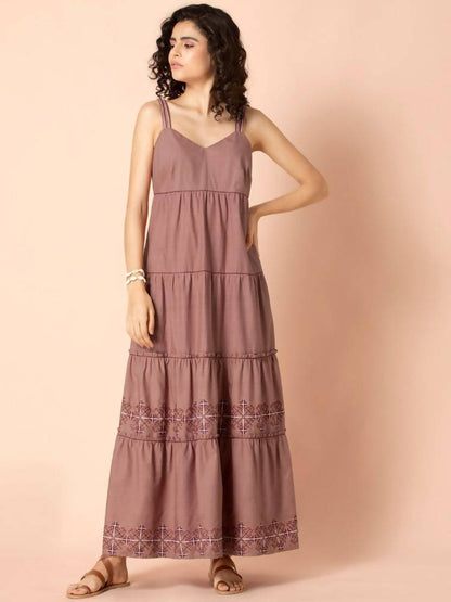Indya Rose Pink Embroidered Tiered Maxi Dress