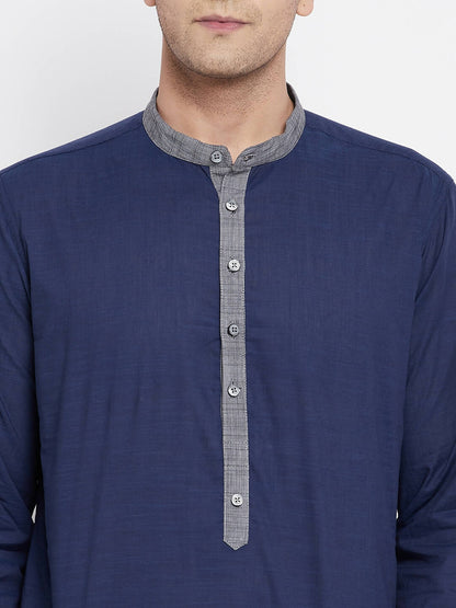 Even Apparels Blue Pure Cotton Men's Kurta With Contrast Collar And Placket