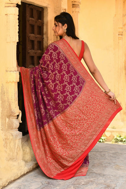 Joban Fashion Hot Pink Crepe Chiffon Pure Handloom Banarasi Silk Saree