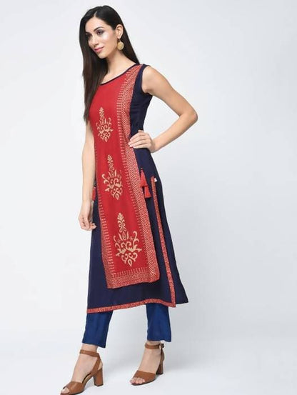 Aniyah Rayon Block Printed Layered Kurta In Red (AN-120K)