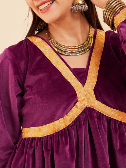 InWeave Women's Wine Mughal Shaan Style Velvet Short Kurta Set