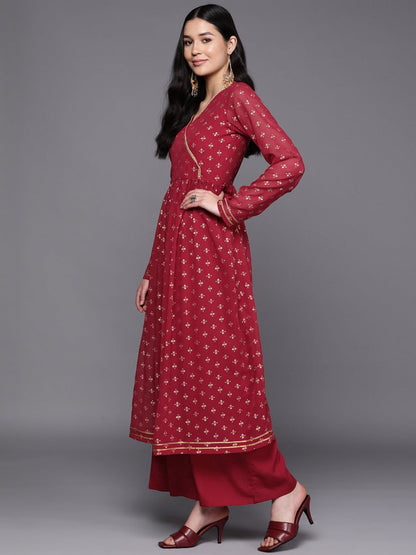 Ahalyaa Women Maroon Floral Empire Kurta with Palazzos